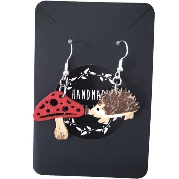 Handcrafted Wood Hedgehog & Mushroom Earrings NWT - Picture 2 of 3